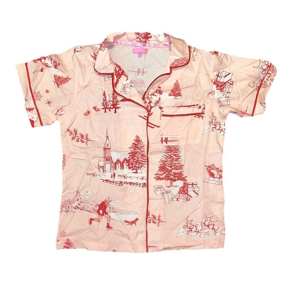 Katie Kime Pajama Top‎ Home for the Holidays Toile Pink Christmas Sz S TOP ONLY